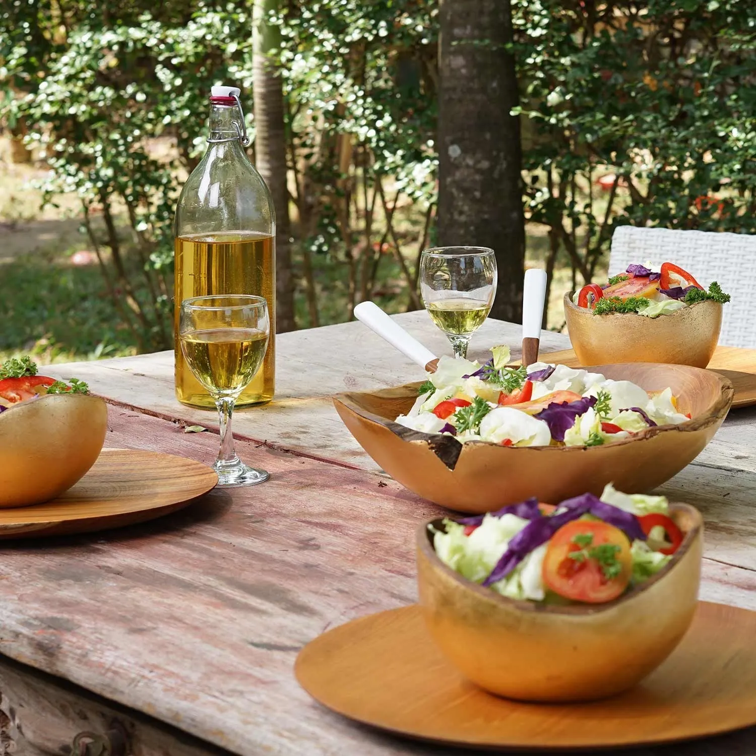 Umbria Teak Salad Fruit Bowl with Gold Leaf Exterior