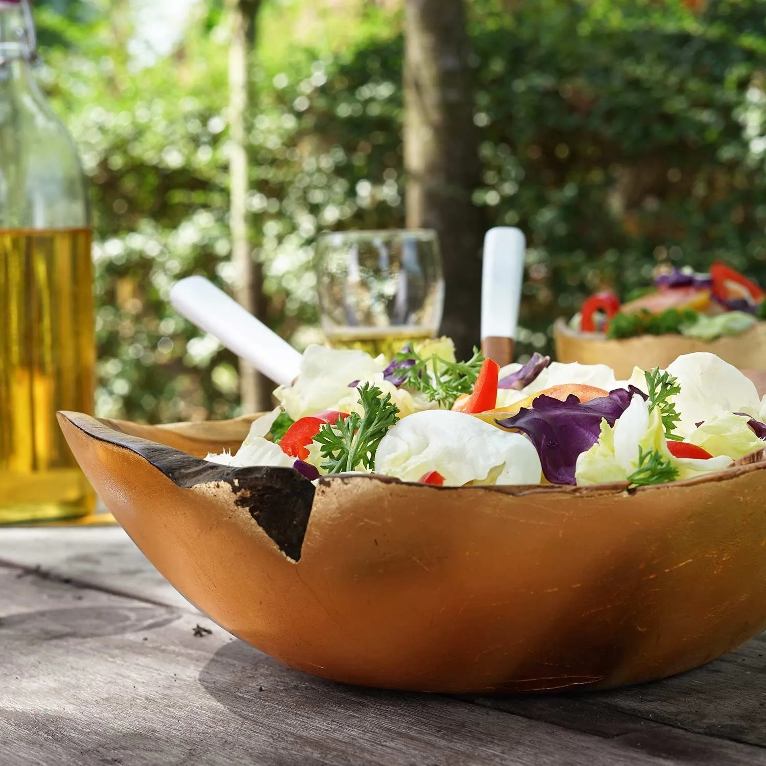 Umbria Teak Salad Fruit Bowl with Gold Leaf Exterior