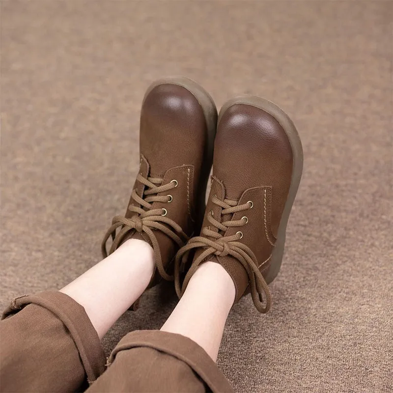 Vintage Cowhide Ankle Boots For Women Round Toe Martin Boots In Black/Coffee/Grey