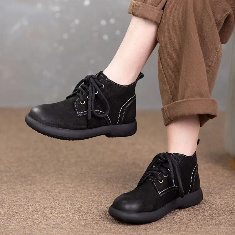 Vintage Cowhide Ankle Boots For Women Round Toe Martin Boots In Black/Coffee/Grey