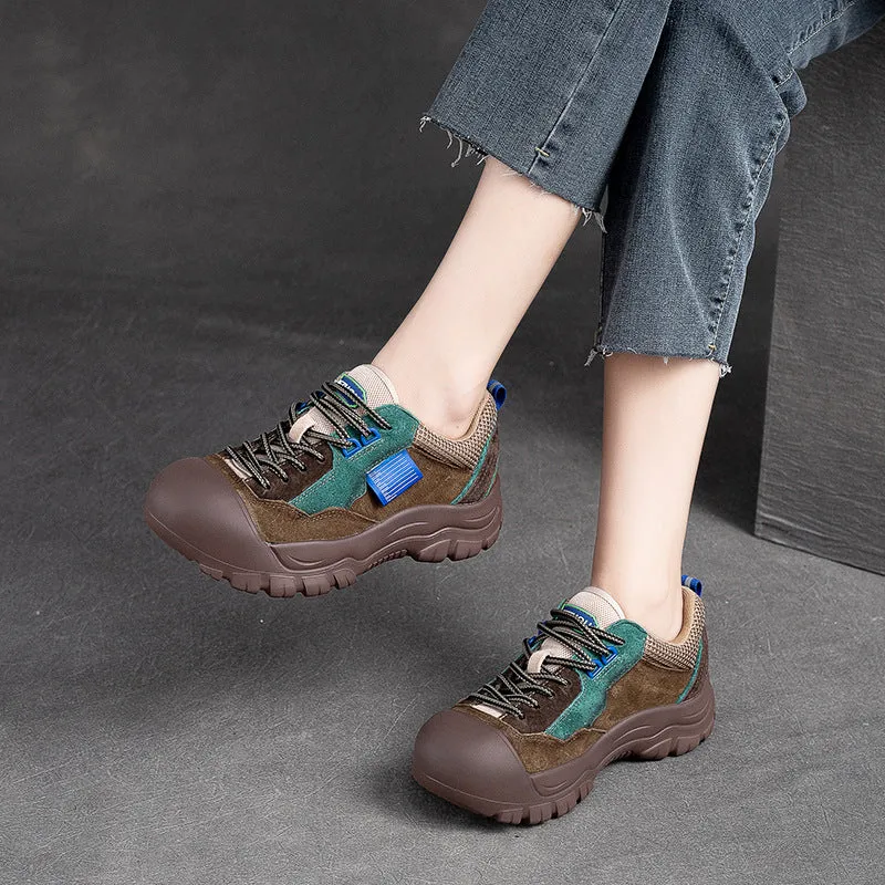 Women Color Matching Leather Thick Soled Casual Shoes