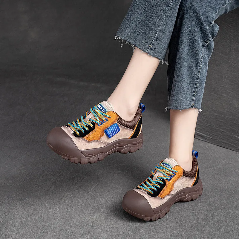 Women Color Matching Leather Thick Soled Casual Shoes