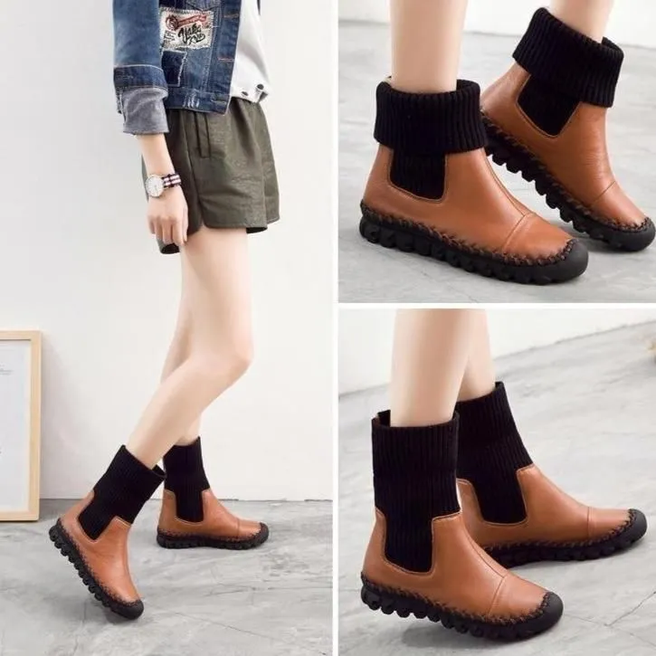 Women's Casual Shoes Brown Ankle Boots Handmade Velvet Flat