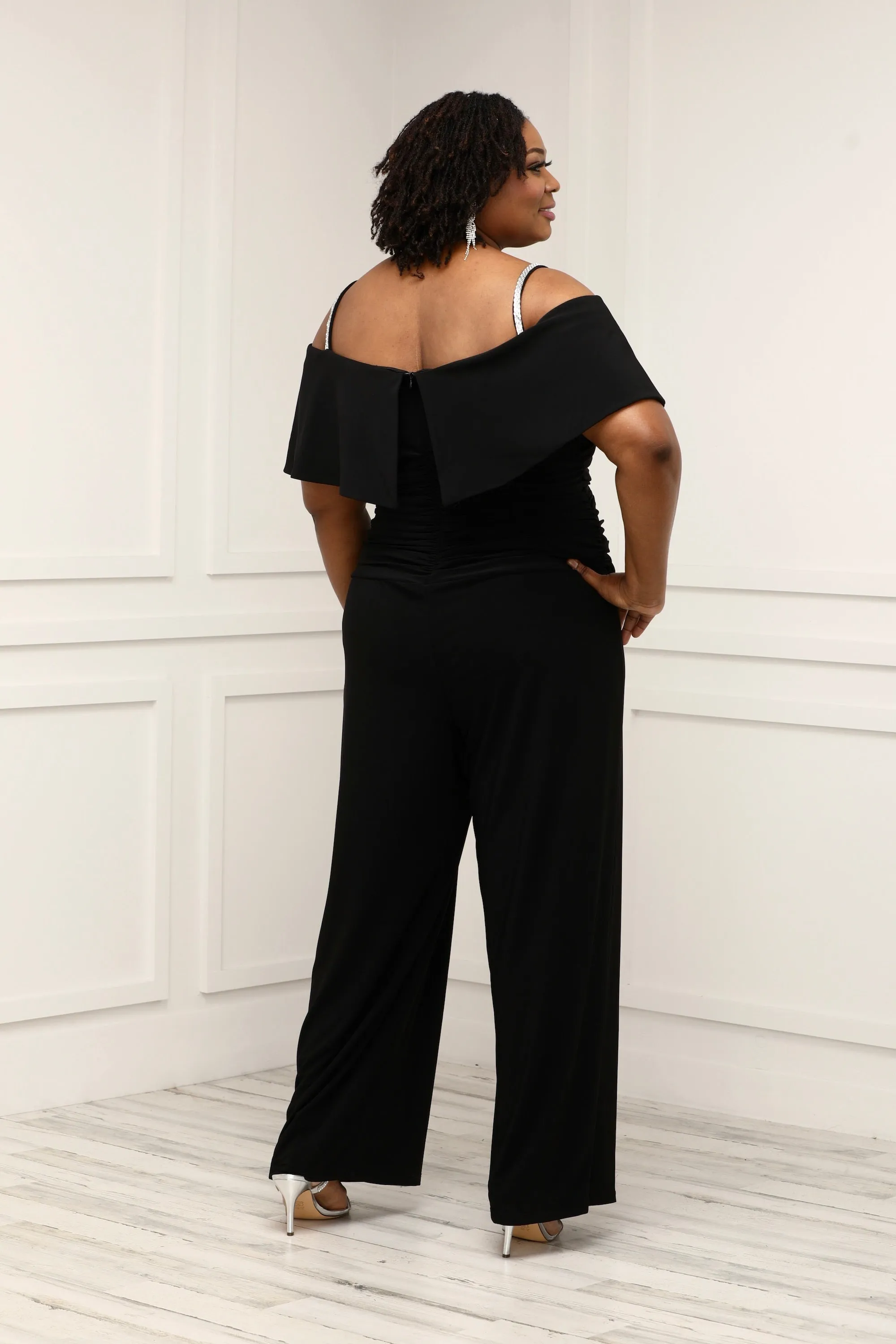 Women's Plus Size Cold Shoulder Ruched Waist Jumpsuit - Wedding Guest Outfit